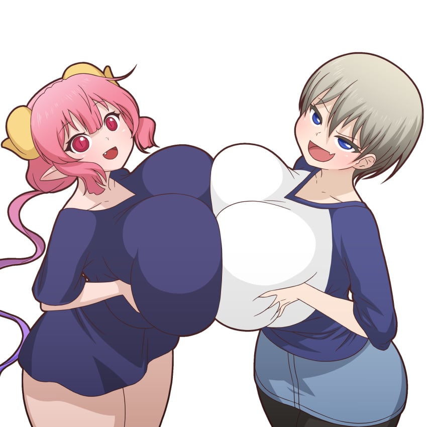 2d 2girls alpha_channel big_breasts breasts breasts_pressed_together breasts_to_breasts breasts_together clothed clothed_female clothing female female_only for_sticker_use gigantic_breasts hi_res highres huge_breasts ilulu_(dragon_maid) kobayashi-san_chi_no_maidragon large_breasts light-skinned_female light_skin manyakis massive_breasts miss_kobayashi's_dragon_maid no_background pale-skinned_female pale_skin png shortstack sticker_template thick_thighs thighs transparent_background transparent_png uzaki-chan_wa_asobitai! uzaki_hana