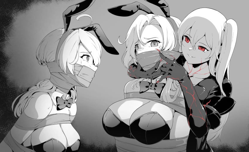 3girls bondage bound breasts commission damsel_in_distress did empty_eyes femdom gag gagged hornet_(kantai_collection) iowa_(kantai_collection) kantai_collection kidnapped looking_at_another playboy_bunny playboy_bunny_costume scared tape_bondage tape_gag taped_mouth thealagator yuri