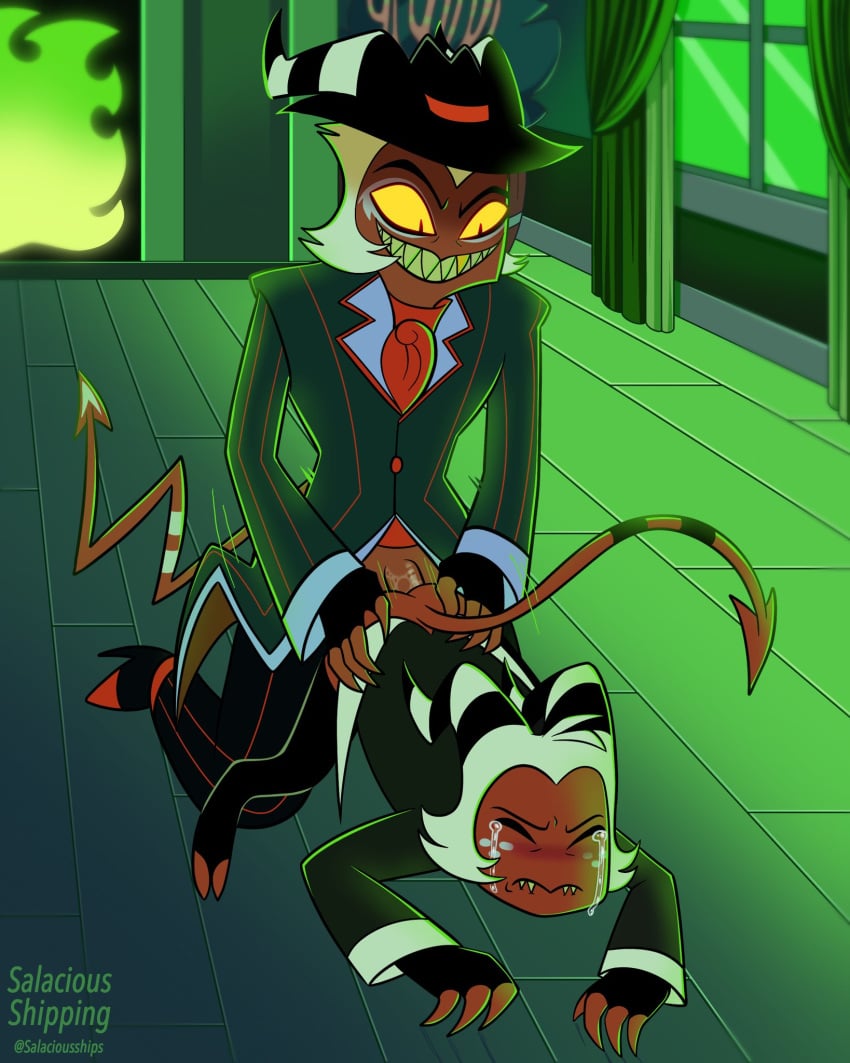 2demons anal_sex crimson_(helluva_boss) crying crying_with_eyes_closed demon father_and_son grabbing_ass helluva_boss humiliated imp incest male/male moxxie_(helluva_boss) nonconsensual rape salaciousships vivienne_medrano vivziepop