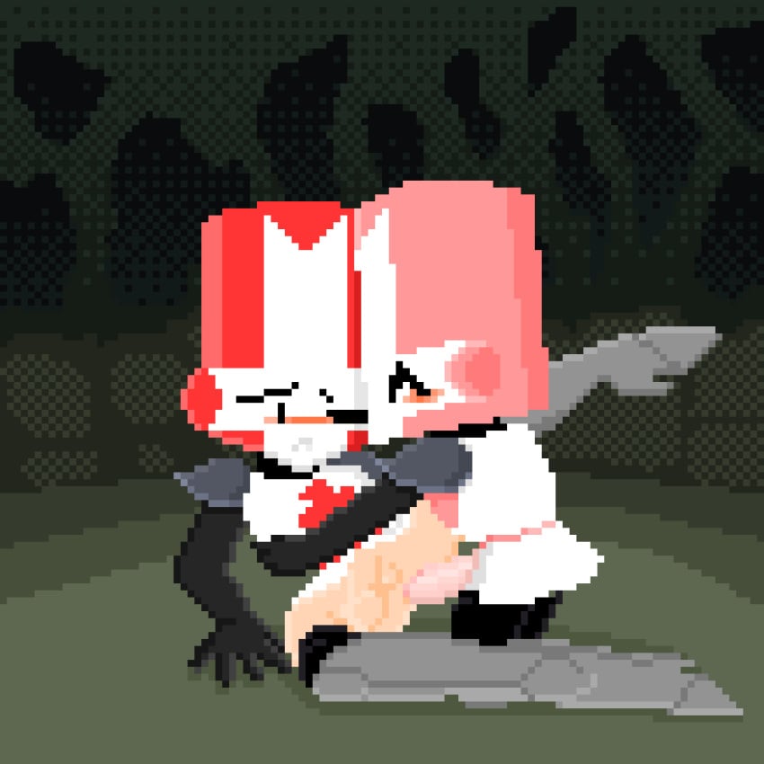 animated big_head castle_crashers cum_in_ass gif male male_only outdoors outside outside_sex pink_knight pixel_art red_knight_(castle_crashers) toony yaoi