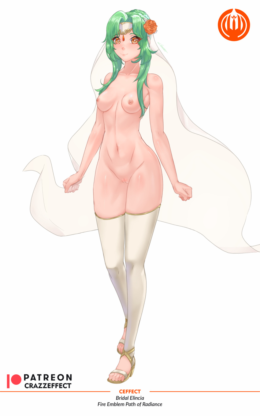 1girls bare_midriff bare_thighs breasts bridal_veil bride crazzeffect elincia_ridell_crimea female female_only fire_emblem fire_emblem:_path_of_radiance fire_emblem:_radiant_dawn flower full_body green_hair hair_flower high_heels long_hair looking_at_viewer midriff naked_thighhighs nintendo nipples nude nude_female orange_eyes pussy see-through small_breasts smile solo thighhighs thighs