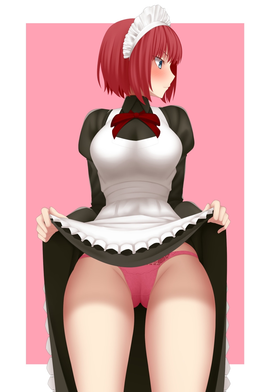 1girls 2d blush embarrassed female female_focus female_only fully_clothed hervi hisui hisui_(tsukihime) maid maid_headdress maid_uniform nervous panties pink_panties skirt skirt_lift tsukihime type-moon underwear