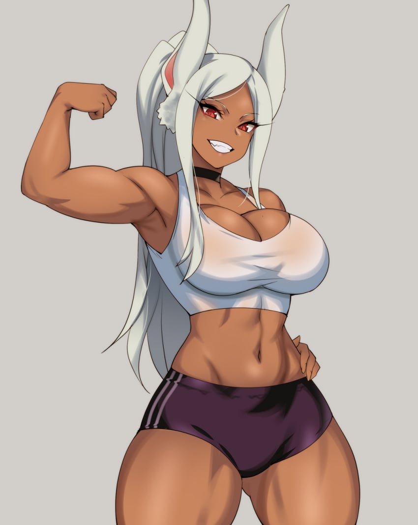 1girls animal_ears boku_no_hero_academia breasts bunny_ears choker cleavage dark-skinned_female dark_skin eyelashes female_only flexing gym_shorts hevn large_breasts long_hair midriff miruko muscular muscular_female my_hero_academia ponytail red_eyes rumi_usagiyama see-through shorts smile solo sports_bra thick_thighs thighs usagiyama_rumi white_hair workout workout_clothes