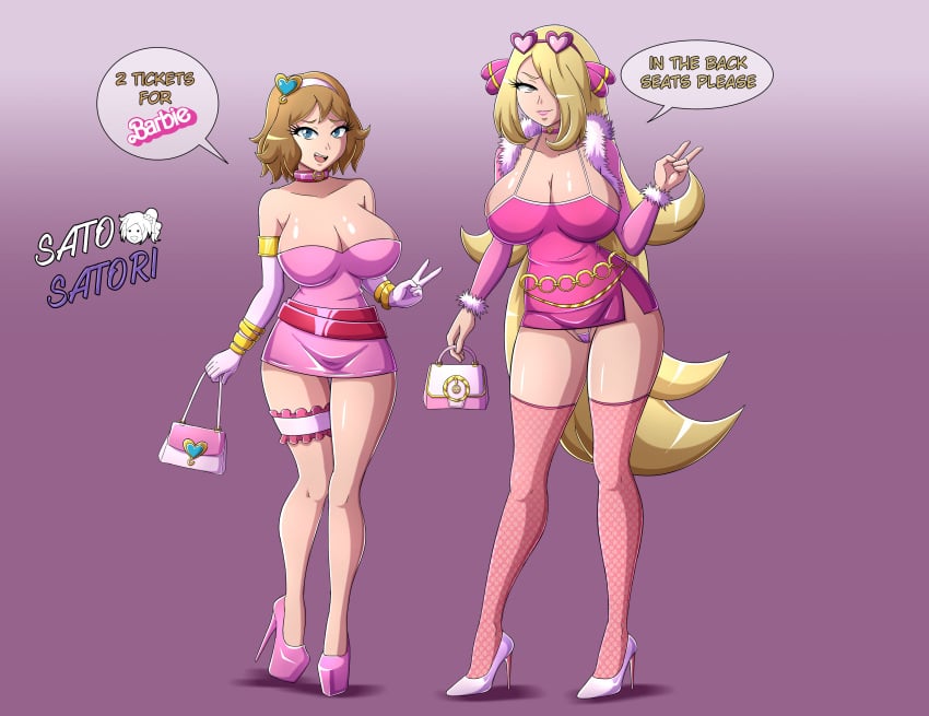 2girls alternate_breast_size alternate_costume barbie_(cosplay) barbie_(franchise) bimbo blonde_hair blue_eyes choker cynthia_(pokemon) english_text female female_only fishnets high_heels pink_clothing platform_heels pokemon pokemon_(anime) pokemon_xy purse satosatori serena_(pokemon) slutty_outfit speech_bubble stockings text thighs