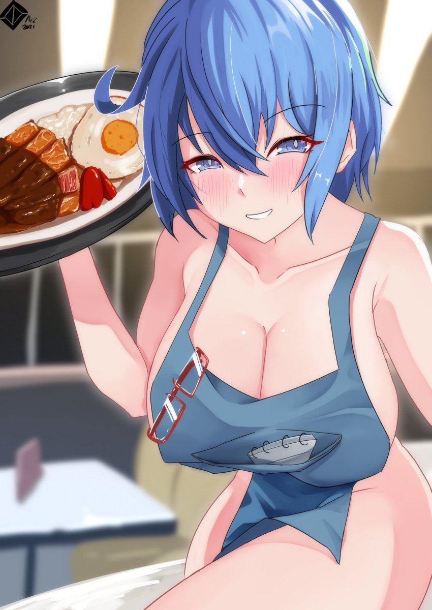 1girls apron big_breasts blue_eyes blue_hair breasts dish egg eyebrows_visible_through_hair female female_only looking_at_viewer nez-3 plate short_hair thick_thighs