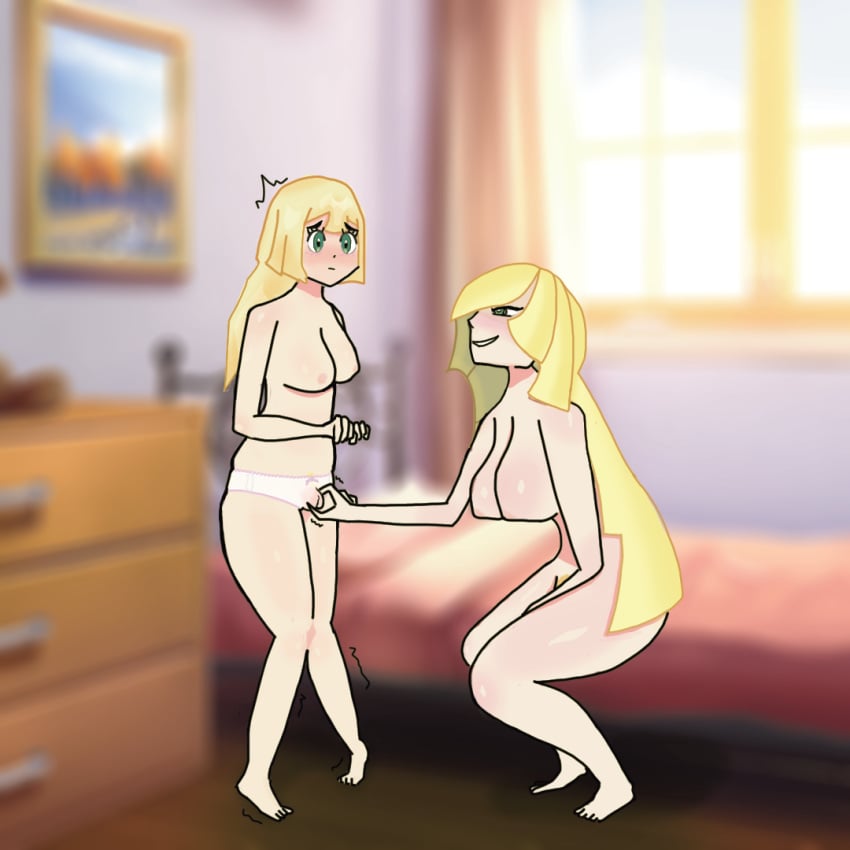 2girls completely_nude crotch_grab embarrassed incest lezdom lezsub lillie_(pokemon) low_quality lusamine_(pokemon) measuring mother_and_daughter multiple_girls nipples nude panties pink_panties pokemon punishment shy underwear yuri zsarts