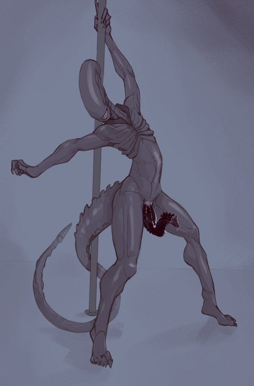 2022 alien alien_(franchise) alien_humanoid animal_genitalia black_body black_penis bodily_fluids claws dancing digital_drawing_(artwork) digital_media_(artwork) dripping feet feyhearts genital_fluids genital_slit genitals grabbing_pole hi_res humanoid looking_at_viewer male male_xenomorph not_furry nude nude_male penis pinup plantigrade pole pole_dancing pose precum precum_drip presenting presenting_penis shaded slit smile smiling_at_viewer smirk smirking_at_viewer smooth_skin solo stripper stripper_pole tail teeth unusual_anatomy unusual_genitalia unusual_penis xenomorph xenophilia zurin_(leerman)