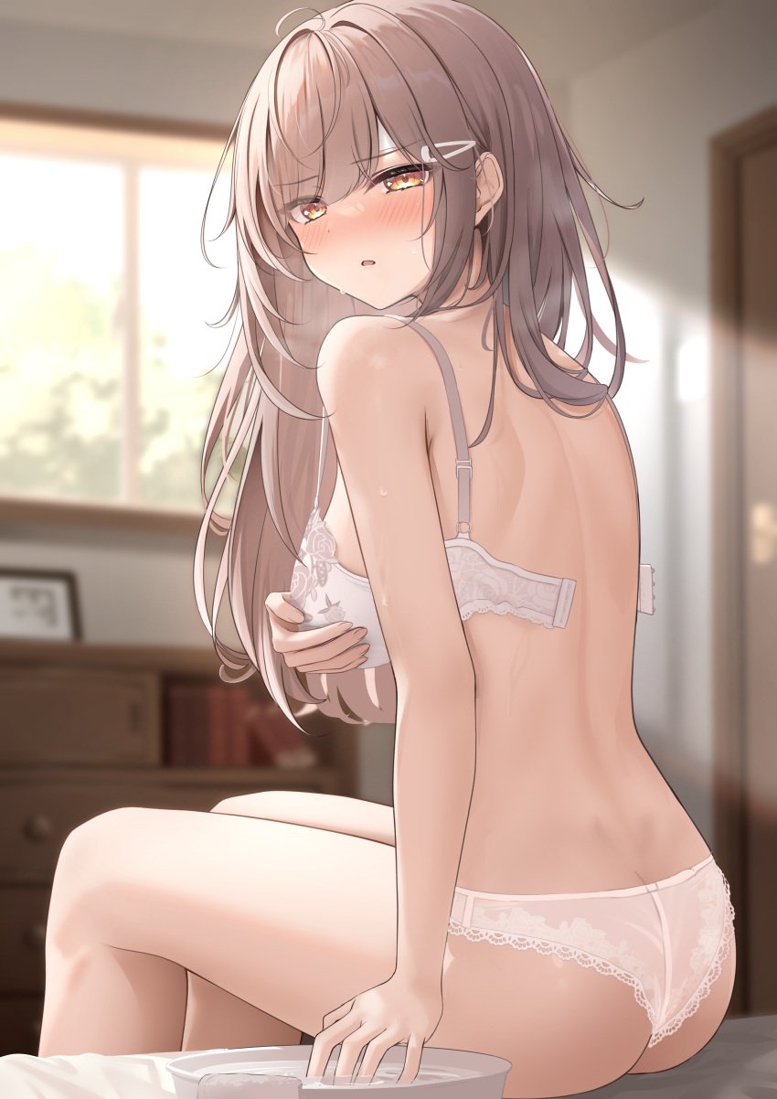 amber_eyes bra breasts brown_hair hair_ornament hairclip large_breasts long_hair looking_at_viewer monaka_curl original panties undressing water_bowl white_bra white_panties