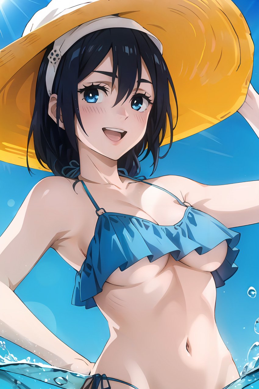 1girls ai_generated amanai_riko beach bikini blue_eyes blue_hair blush breasts cleavage female female_only frilled_bikini frills hat human jujutsu_kaisen looking_at_viewer mappa partially_submerged perky_breasts shounen_jump solo stable_diffusion underboob