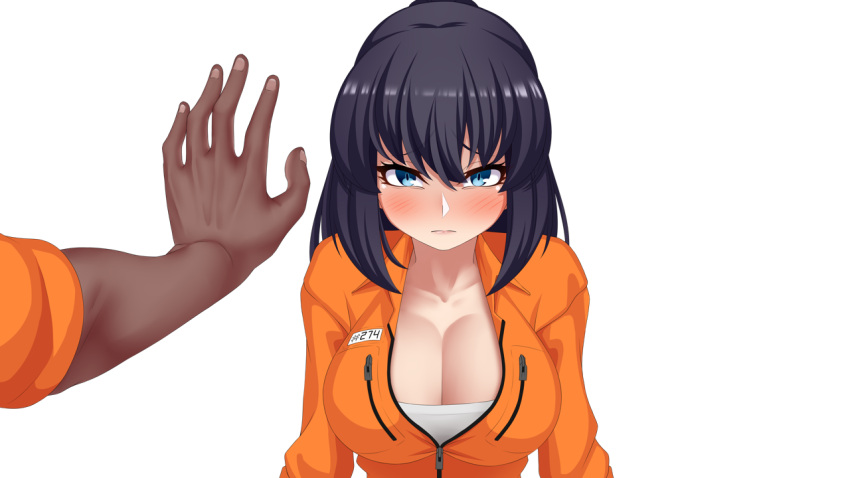 1boy 1boy1girl 1girls 2d alice's_conclusion alice_(alice's_conclusion) big_breasts blush breasts breasts_bigger_than_head cg cg_art cleavage dark-skinned_male dark_skin fear female female_focus first_person_view fully_clothed hand_on_wall hervi kabedon leaning_against_wall looking_at_viewer male/female muscular muscular_male pov prison_uniform prisoner rapist_pov scared sexual_harassment straight uncomfortable video_game video_games