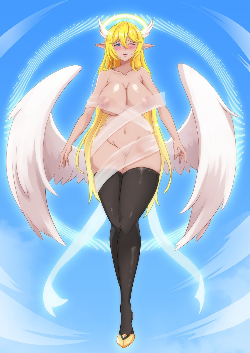 big_breasts blonde_hair breasts legwear legwear_only long_hair nez-3 nipples no_bra no_panties nude nude_female one_eye_closed pointy_ears very_long_hair wings