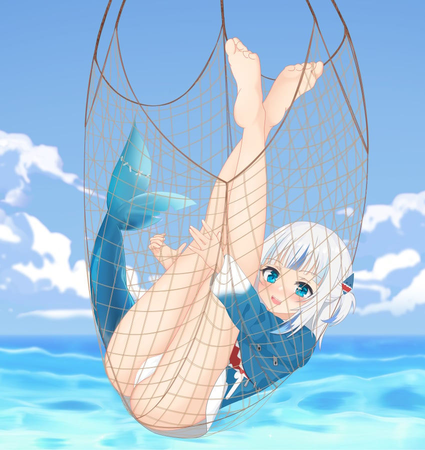 ass barefoot blue_hoodie blue_sky blush cargo_net cloud entangled feet female fish_tail fishing_net gawr_gura hololive hololive_english hololive_myth horizon in_net legs legs_up multicolored_hair net no_shoes ocean outdoors panties shark_girl shark_hair_ornament shark_tail sharp_teeth sky soles streaked_hair thighs toes tumy virtual_youtuber water waves