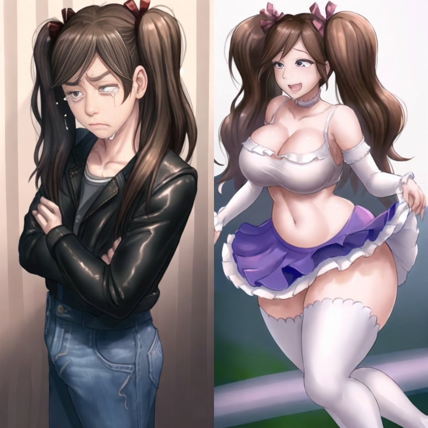 1boy 1girls ai_generated before_and_after brown_hair crossdressing crying crying_with_eyes_open flat_chest gender_transformation genderswap_(mtf) hair_ribbon happy hiro_(tales_of_androgyny) large_breasts leather_jacket longjohnsingleduct mtf_crossgender mtf_transformation rule_63 sad skirt solo_focus tales_of_androgyny thighhighs transformation transformation_sequence twintails white_thighhighs wide_hips