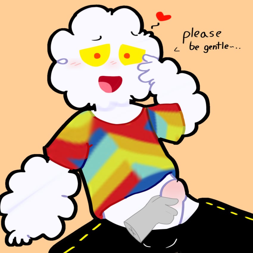 1boy 2d 2d_(artwork) 2d_artwork black_pants blush cloud cloud_person counselor dick disembodied_hand handjob heart hippie male male_focus male_only mr._small multicolored_shirt penis rainbow_shirt red_pupils smile solo solo_male source_request teacher text the_amazing_world_of_gumball unknown_source white_body yellow_sclera