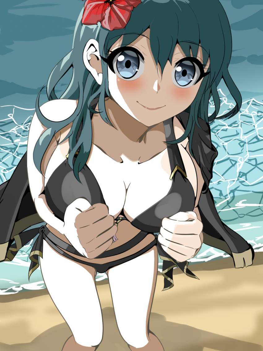 alternate_costume bikini black_bikini black_swimsuit breasts byleth_(female)_(summer)_(fire_emblem) byleth_(fire_emblem) byleth_(fire_emblem)_(female) female female_only fire_emblem fire_emblem:_three_houses looking_at_viewer nintendo official_alternate_costume solo swimsuit taka_p_(zelda27th)