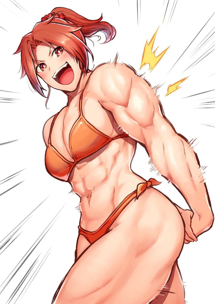 1girls abs bikini bodybuilding_bikini breasts female flexing harurukan highres large_breasts looking_at_viewer midriff muscular muscular_female original ponytail red_eyes red_hair short_hair simple_background smile solo stomach swimsuit thick_thighs thighs triceps