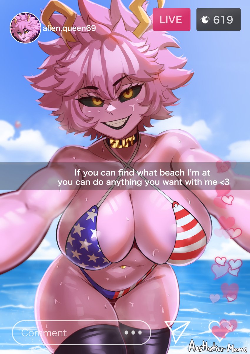 1girls absurd_res aestheticc-meme american_flag_bikini ashido_mina bikini boku_no_hero_academia breasts cleavage female hi_res hips huge_breasts mina_ashido my_hero_academia naughty_face outdoors pink_body pink_hair pink_skin slut_collar snapchat solo thick_thighs thighs voluptuous wide_hips