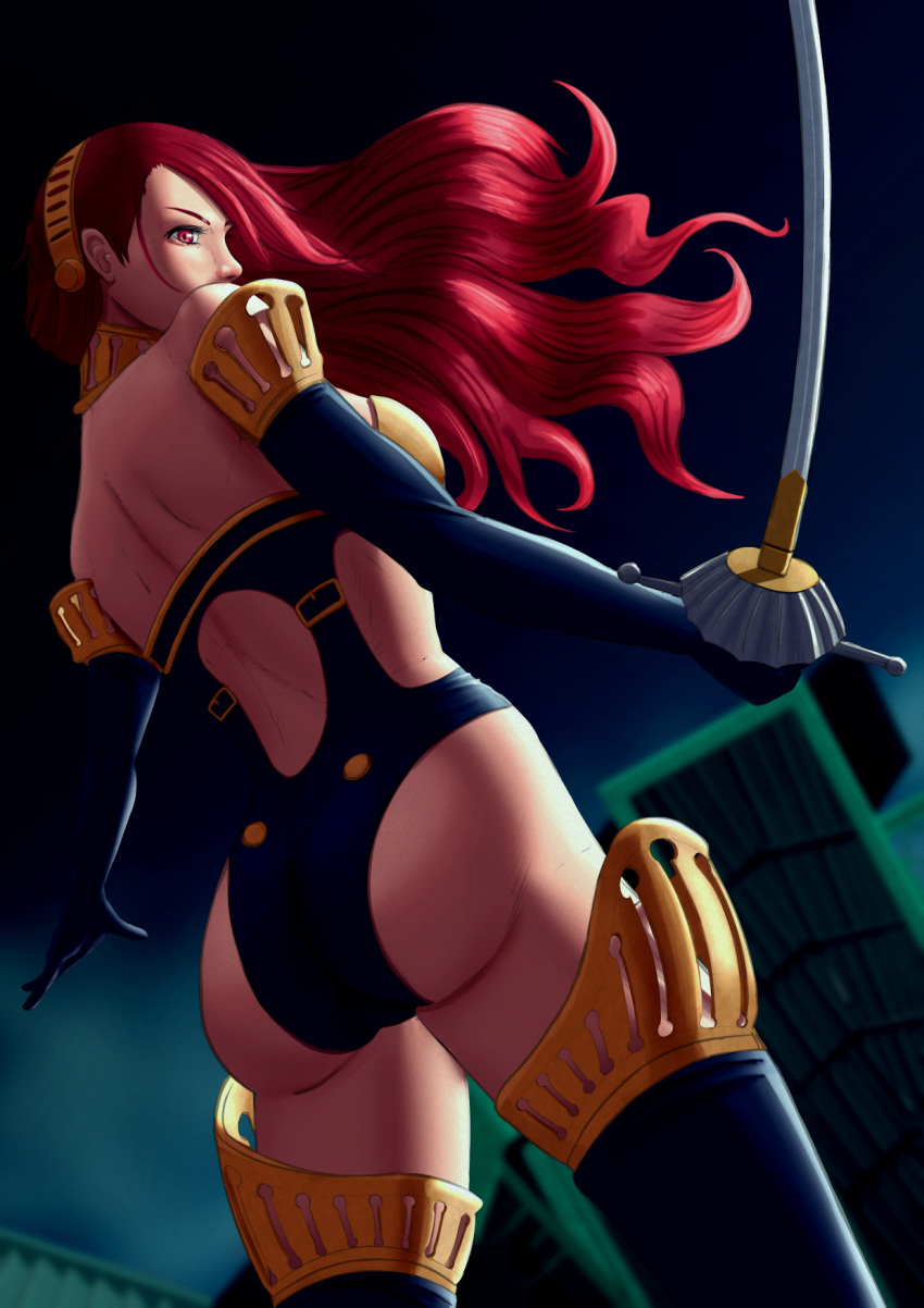 1girls armor ass atlus battle_panties big_ass female female_only greaterpantsu hair_blowing high-cut_armor human large_ass long_hair megami_tensei mitsuru_kirijo pale-skinned_female pale_skin persona persona_3 red_eyes red_hair sideboob solo sword weapon