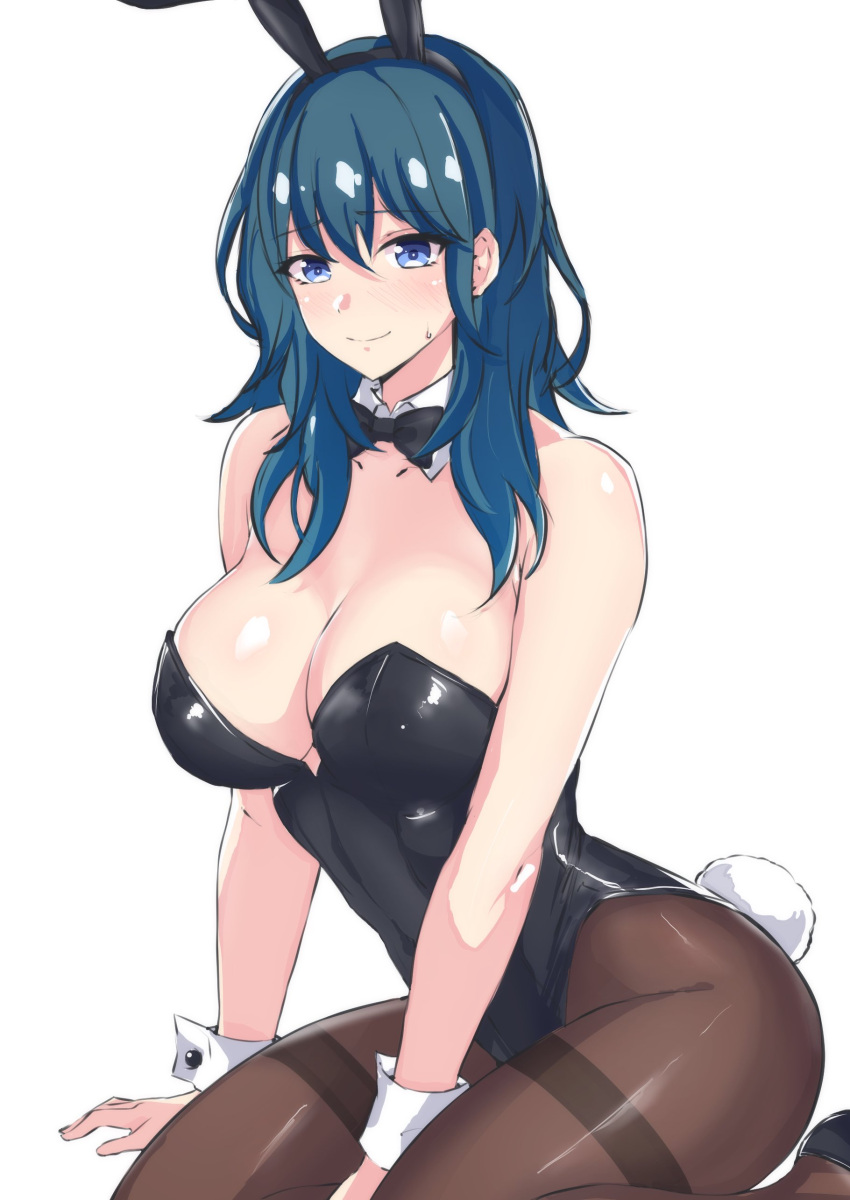 1girls alternate_costume blue_eyes breasts bunny_ears bunny_girl bunny_tail bunnysuit byleth_(fire_emblem) byleth_(fire_emblem)_(female) cleavage female female_only fire_emblem fire_emblem:_three_houses hair_behind_ear kneeling kneeling_down kneeling_on_ground latte_daruta2 looking_at_viewer medium_hair nintendo sitting solo teal_hair white_background