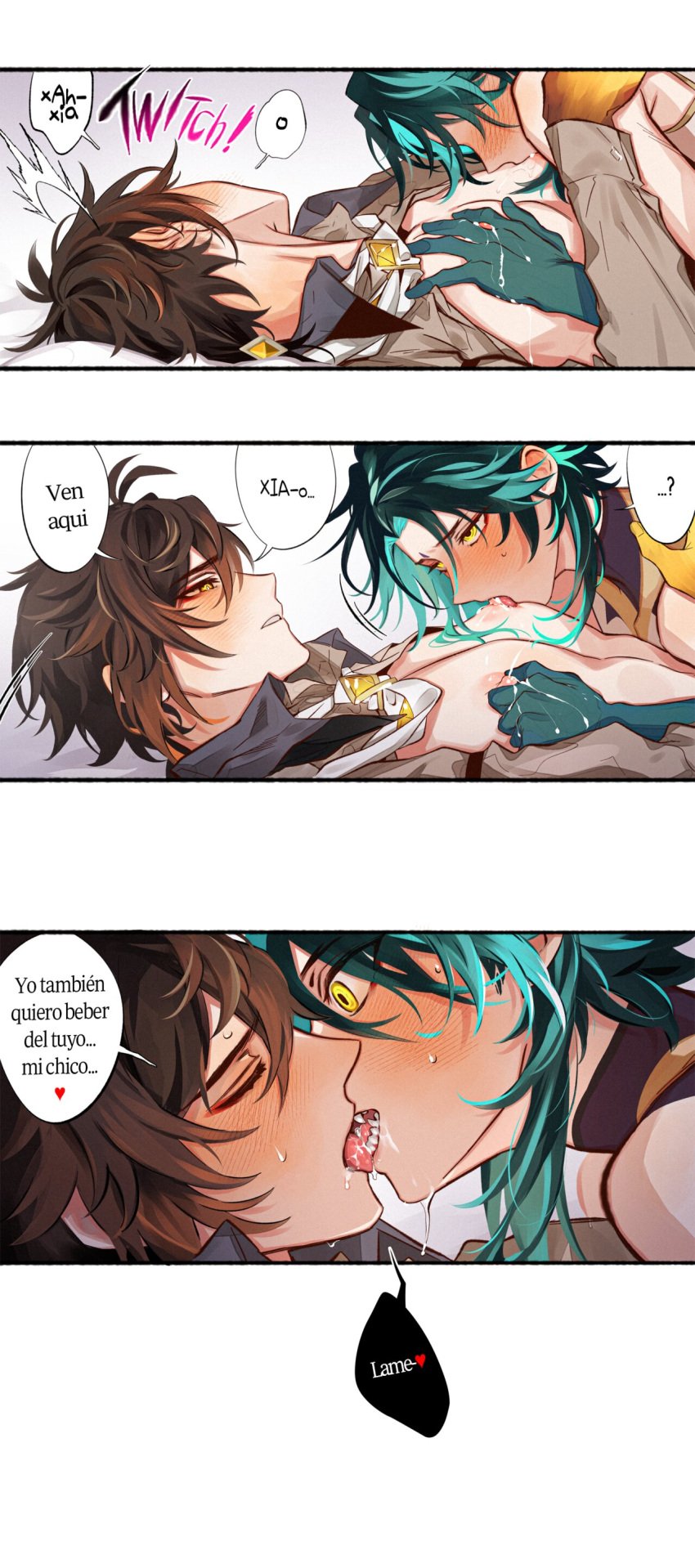 2boys blush blushing french_kiss french_kissing genshin_impact godwkgodwk kissing lactating lactation male male_lactation mob_hwan nipple_play nipple_suck nipple_sucking nipple_tweak spanish_dialogue spanish_text tagme xiao_(genshin_impact) yaoi zhongli_(genshin_impact)