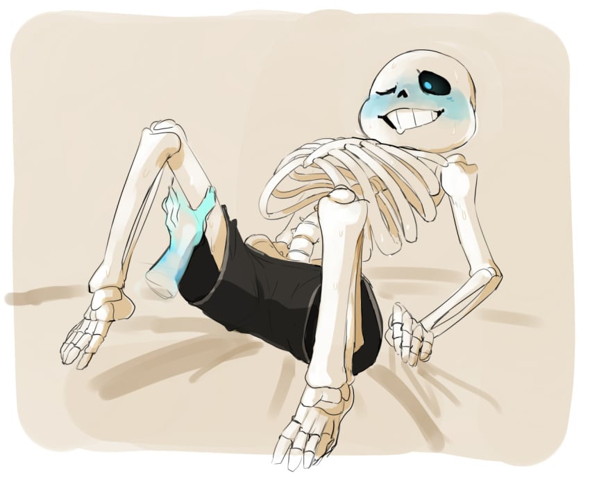 2010s 2016 animated_skeleton blue_blush blush cheztnuts disembodied_hand monster one_eye_closed pants_only sans sans_(undertale) shirtless skeleton solo_focus topless undead undertale undertale_(series)