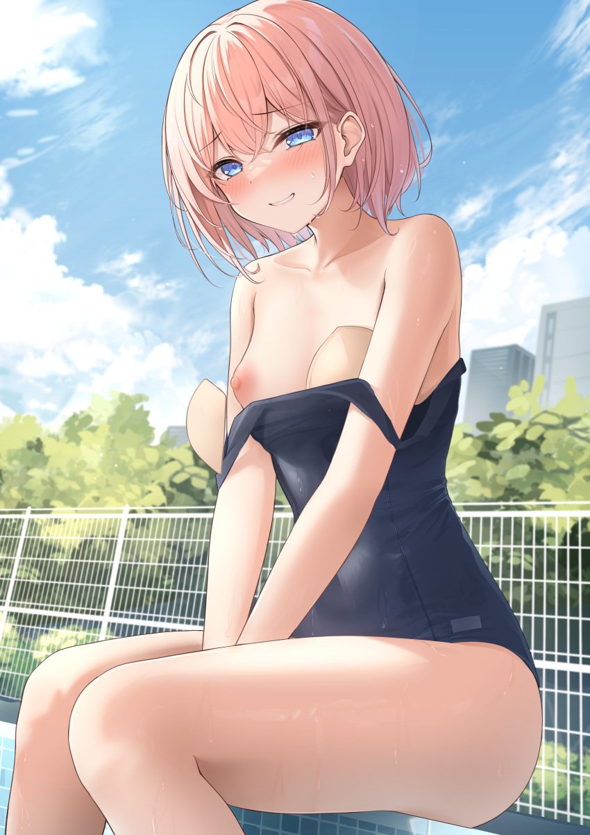 :d areolae bare_arms bare_shoulders blue_eyes blue_one-piece_swimsuit blue_sky blush breasts cleavage clothed clothing collarbone commentary_request crossed_bangs feet_out_of_frame female highres koakuma-chan_(monaka_curl) large_breasts looking_at_viewer monaka_curl nipples oerba_yun_fang one-piece_swimsuit open_mouth original outdoors padded_bra pads pink_hair short_hair sitting skin_fang sky smile solo swimsuit thighs wet