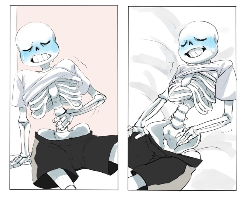 2010s 2015 animated_skeleton blue_blush blush cheztnuts closed_eyes groping_self monster pants_down sans sans_(undertale) shirt_lift shirt_pulled_up shirt_up skeleton solo touching_self undead undertale undertale_(series)