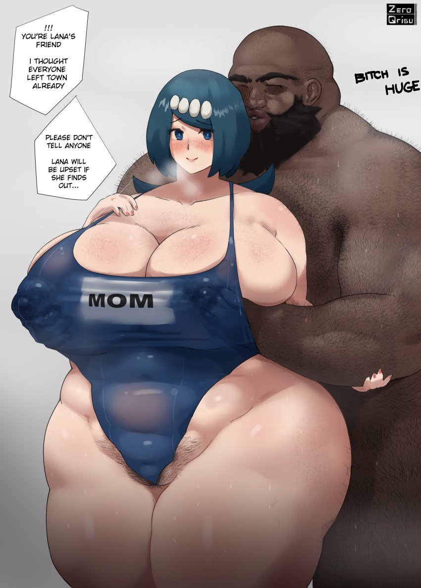 beard black_hair blue_eyes blue_hair chubby_female dark-skinned_male fat-kun game_freak gigantic_breasts groping hairy hands_on_breasts hands_under_clothes huge_breasts interracial lana's_mother_(pokemon) light-skinned_female milf nintendo nipples nipples_visible_through_clothing overweight_male pokeharlot pokemon pokemon_sm pubic_hair steam steaming_body sweat sweating swimsuit text text_bubble thick_thighs venus_body voluptuous zeroqrisu