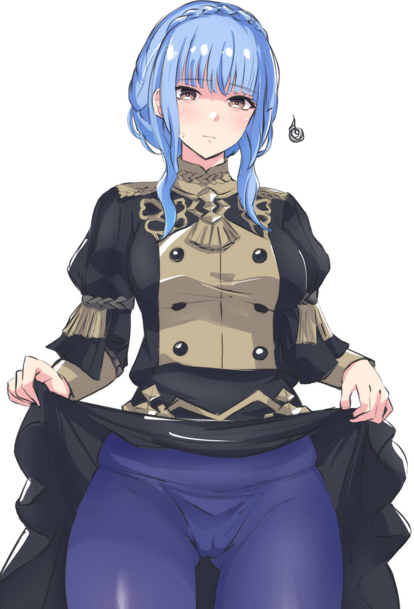 1girls absurdres ass_visible_through_thighs blue_hair blue_pants blush braid breasts brown_eyes cameltoe closed_mouth clothes_lift crown_braid embarrassed female female_only fire_emblem fire_emblem:_three_houses garreg_mach_monastery_uniform highres large_breasts latte_daruta2 lifted_by_self long_hair long_sleeves marianne_von_edmund medium_breasts nintendo panties pants pantyhose pantylines puffy_sleeves see-through see-through_clothing simple_background skirt skirt_lift solo sweatdrop thighs underwear uniform upskirt visible_underwear