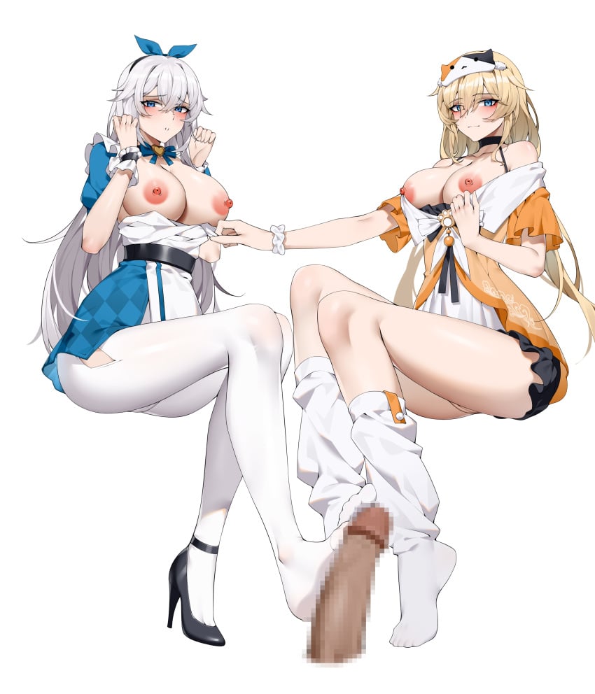 2girls absurdres bare_legs blonde_hair blue_eyes calabiyau censored character_request collaborative_footjob feet footjob footjob_with_legwear footjob_with_one_foot highres long_hair looking_at_viewer mask multiple_girls nipples no_bra no_panties one_shoe_on penis sock_fetish sockjob socks thighhighs white_hair white_thighhighs wsfw