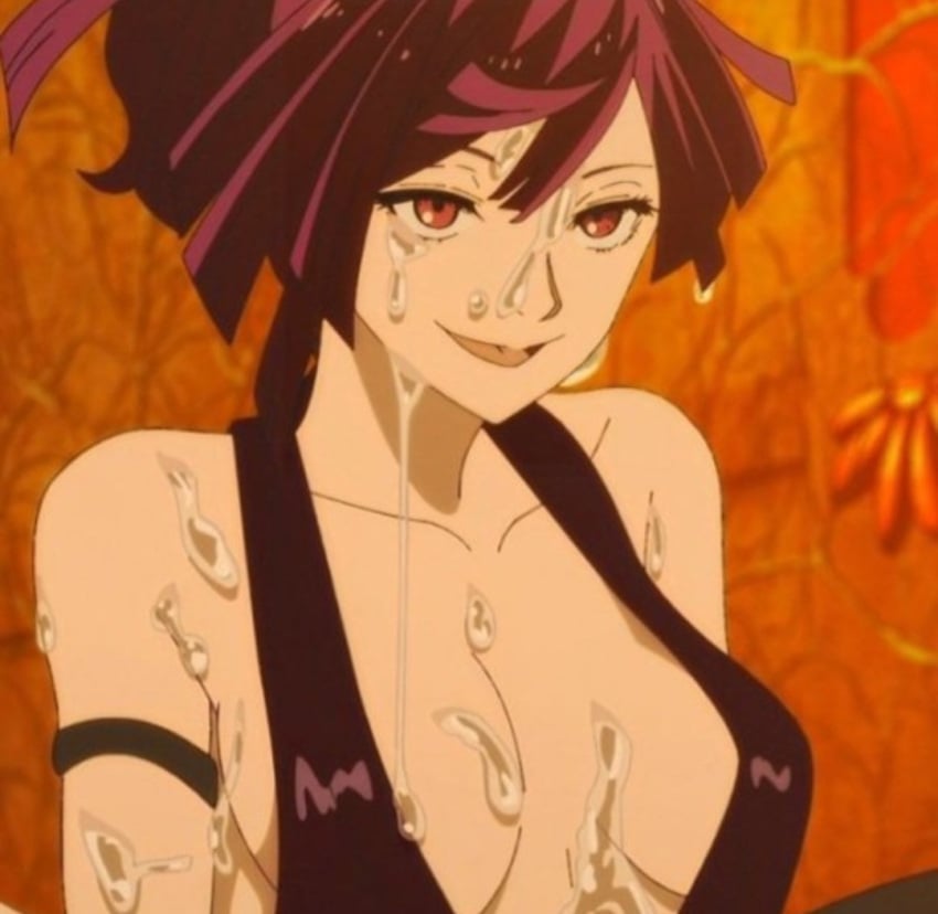 1girls 2023 armband big_breasts breasts cleavage excessive_sweat hiyaa jigokuraku kunoichi magenta_eyes ninja no_bra open_mouth powers purple_eyes purple_hair realistic_breast_size revealing_clothes screencap screenshot smile smiling solo solo_focus suggestive sweat tied_hair tongue yuzuriha_(jigokuraku)