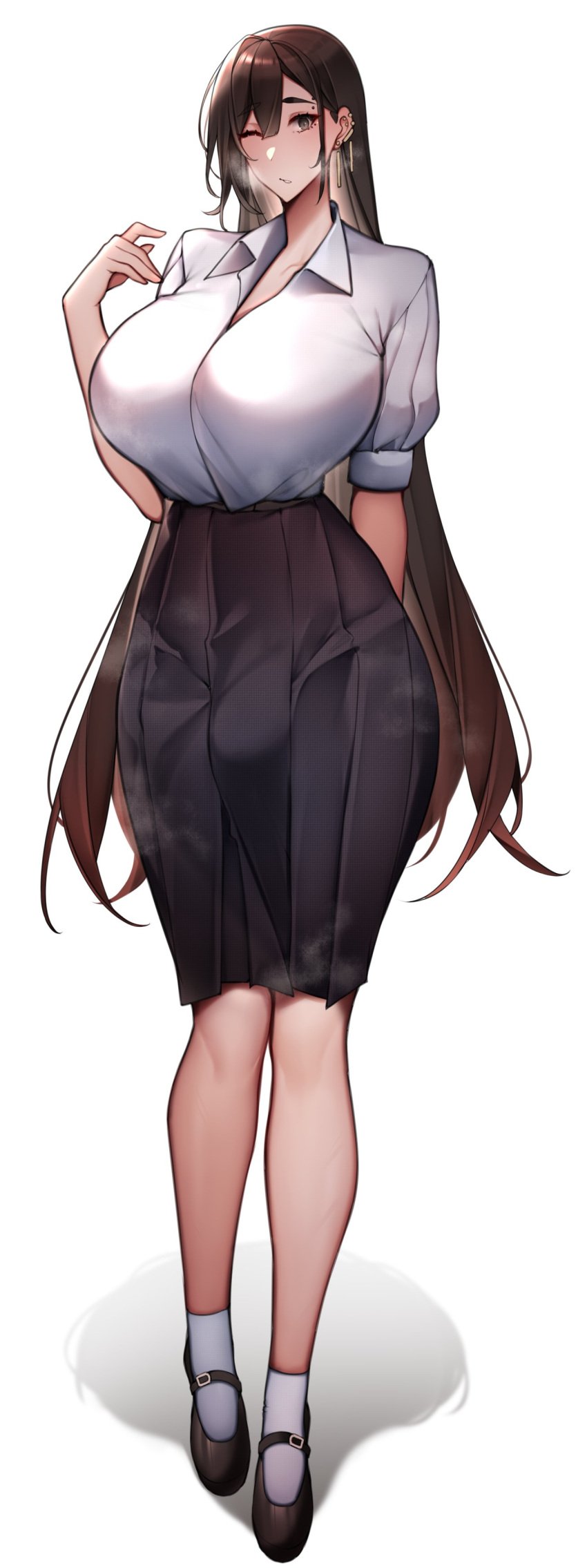 1futa breasts brown_hair bulge clothed clothing erection fully_clothed futa_only futanari hi_res huge_breasts huge_cock human kemonomimi light-skinned_futanari light_skin long_hair long_legs niwada_(unbeller) original original_character penis simple_background skirt solo standing thick_thighs unbeller very_long_hair