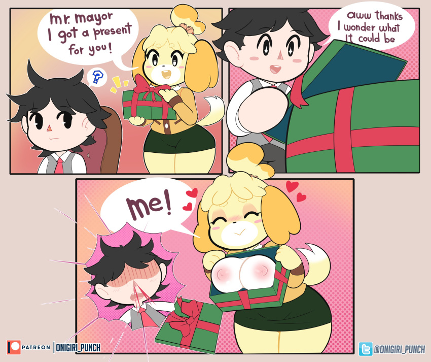 1boy 1girls 2022 2d animal_crossing anthro bloody_nose blush breasts canine christmas comic dialogue domestic_dog female human isabelle_(animal_crossing) male nintendo nipples office_lady onigiri_punch pasties present speech_bubble text thick_thighs thighs villager_(animal_crossing) wide_hips yellow_fur