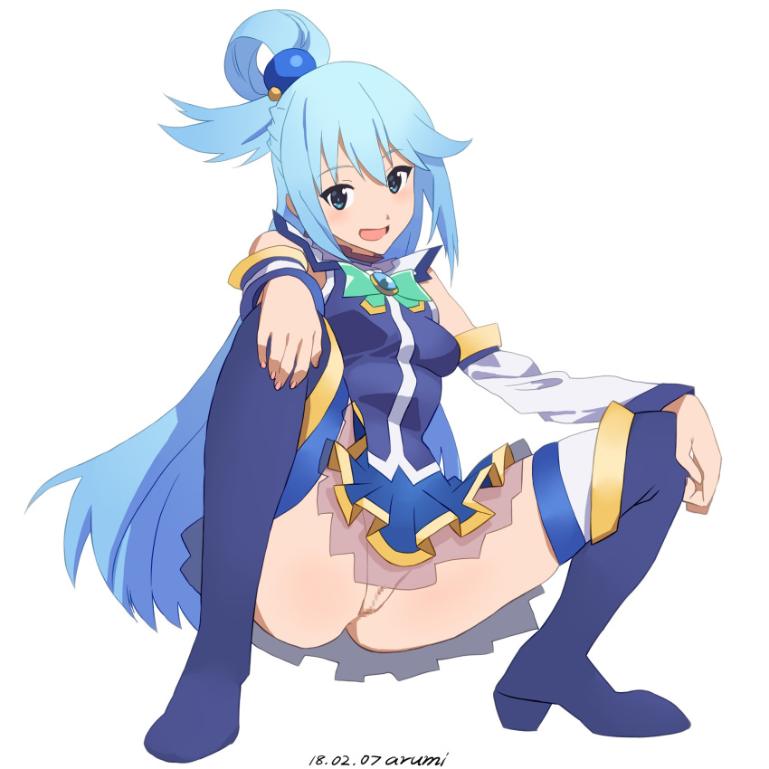 1girls aqua_(konosuba) artist_name baba_arumi blue_eyes blue_footwear blue_hair blue_shirt blue_skirt blush boots bow bowtie breasts cameltoe casual censored dated detached_sleeves female female_only frilled_skirt frills full_body goddess gold_trim green_bow green_bowtie hair_ornament hair_rings hands_on_own_knees happy head_tilt highres kono_subarashii_sekai_ni_shukufuku_wo! legs long_hair medium_breasts miniskirt mosaic_censoring no_panties open_mouth pussy shadow shirt sidelocks simple_background skirt sleeveless sleeveless_shirt smile solo spread_legs squatting thigh_boots thighhighs thighhighs_under_boots white_background white_sleeves white_thighhighs