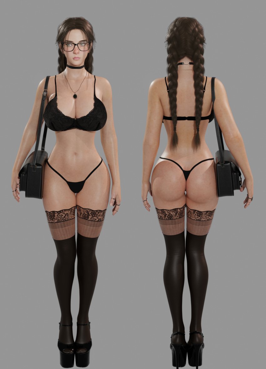 1girls 3d 3d_(artwork) amulet bag beer beer_can black_bra black_choker black_glasses black_heels black_panties black_shoes black_thong black_underwear blender blender_eevee bra braid braided_hair braided_ponytail braided_twintails braids brown_hair brown_socks choker cute ear_piercing earrings female female_focus female_only from_behind glasses green_eyes handbag heels high_heels huge_ass huge_breasts leather_bag lingerie lip_piercing lip_ring long_socks looking_away looking_offscreen lots_of_jewelry necklace nose_blush nose_piercing nose_ring original_character osimai panties ring ring_piercing runa_(osimai) socks stockings tall_girl thigh_gap thigh_highs thighhighs thong twintails underwear variant_set