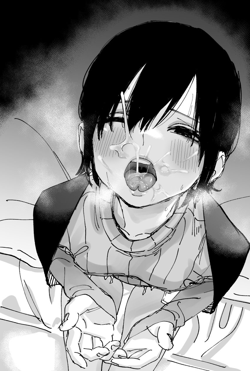 absurdres blush collarbone collared_sweater commentary_request cum cum_in_mouth cum_on_body facial female forked_tongue greyscale hair_between_eyes highres looking_at_viewer monochrome one_eye_closed open_mouth original own_hands_together short_hair solo sweater tongue untsuku