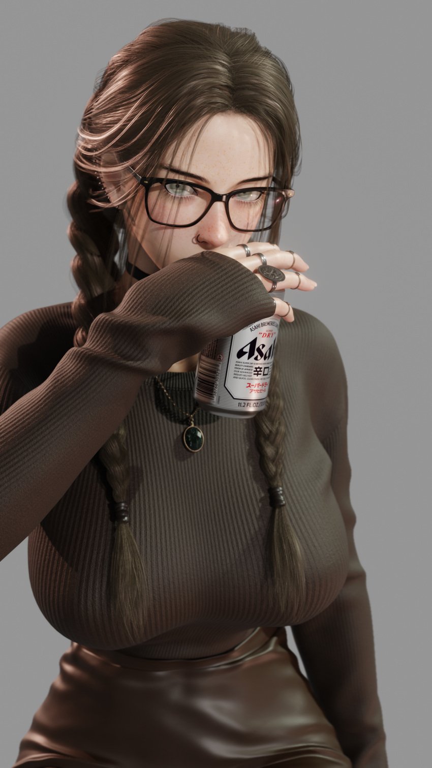 1girls 3d 3d_(artwork) amulet beer beer_can black_choker black_glasses black_heels black_shoes blender blender_eevee braid braided_hair braided_ponytail braided_twintails braids brown_hair brown_skirt brown_socks brown_sweater choker covering_mouth cute ear_piercing earrings female female_focus female_only from_behind fully_clothed glasses green_eyes heels high_heels huge_ass huge_breasts lip_piercing lip_ring long_socks looking_at_viewer lots_of_jewelry necklace nose_blush nose_piercing nose_ring original_character osimai pencil_skirt ring ring_piercing runa_(osimai) sitting socks stockings sweater tall_girl thigh_highs thighhighs tight_clothing tight_skirt tight_sweater twintails