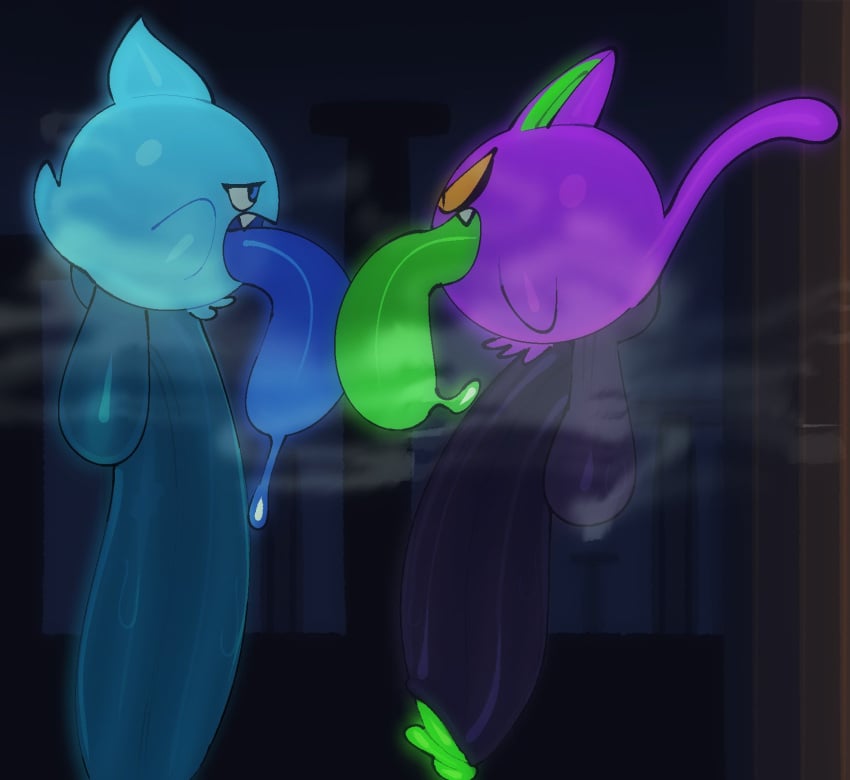 2024 badaboomey balls big_penis blue_body blue_eyes blue_tongue bodily_fluids boo_(mario) cat_tail duo ears_up english_description fangs floating french_kissing genitals ghost glans green_glans green_tongue half-closed_eyes hi_res huge_cock humanoid_genitalia humanoid_penis kissing male male/male mario_bros narrowed_eyes nintendo not_furry penis purple_body saggy_balls saliva saliva_on_tongue saliva_string spirit tail teeth tongue yellow_eyes