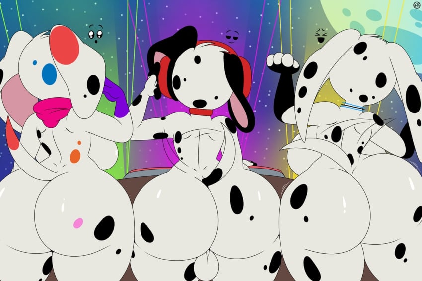 101_dalmatian_street 101_dalmatians anthro canid canine canis casual_nudity da_vinci_(101_dalmatians) dalmatian dancing disney dj_(101_dalmatian_street) dolly_(101_dalmatians) domestic_dog female group humanoid male male/female mammal nr_ac nudist party trio