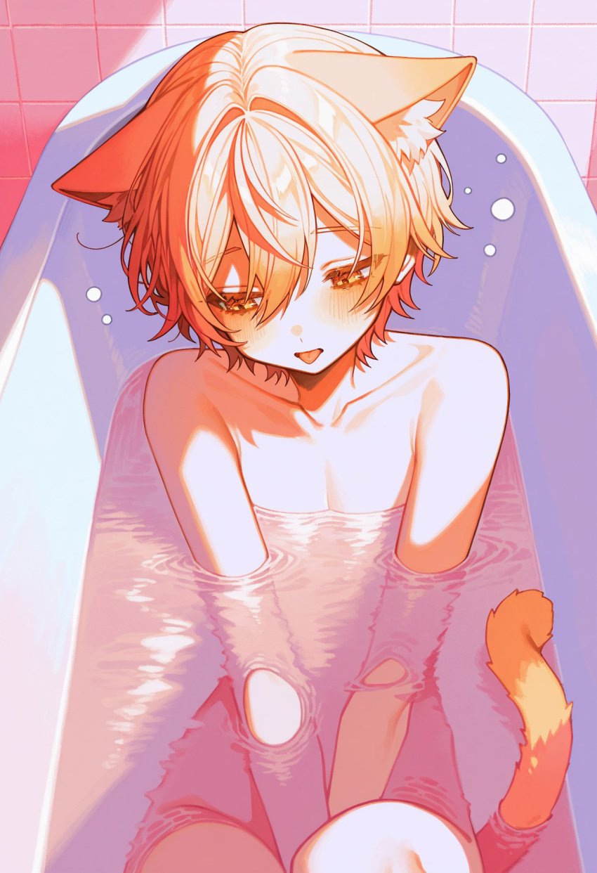 1boy ai_generated bath bathing bathroom bathtub boy cat_ears cat_tail furry furry_only looking_back male male_only naked naked_male project_sekai shunyan shy solo solo_focus solo_male tenma_tsukasa tongue tongue_out water