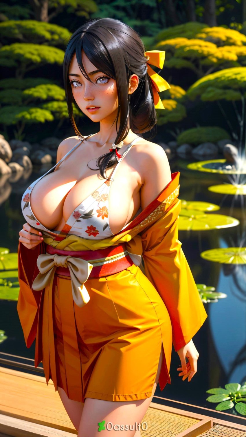 0assult0 ai_generated anime attractive babe bare_shoulders beautiful_females boruto:_naruto_next_generations bra busty_female curvy fantasy female_only floral_print flower garden golden_week hair_between_eyes hair_ribbon holidays hyuuga_hanabi japanese_garden kimono lovely naruto_(series) obi orange_kimono realistic ribbon river sexy showing_off solo_focus spring sunlight undressing voluptuous_female
