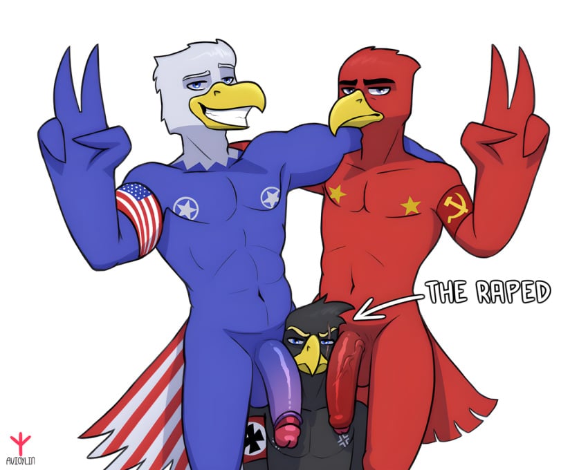 5:4 9th_of_may accipitrid accipitriform american_flag armband avian avioylin balls beak bird blue_body blue_eyes dominant dominant_male eagle foreskin genitals germany grey_body group hand_on_shoulder long_penis male male/male muscular muscular_male nazi_armband neutral_expression nude peace_symbol penis penis_on_face politics red_body russia russian simple_background smile soviet_flag soviet_union standing submissive submissive_male text trio united_states_of_america vein veiny_penis white_background world_war_2 yellow_beak