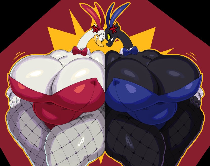 2girls absurd_res anatid anseriform anserinae anthro anthrofied avian big_breasts bird black_body black_fur black_hair bowtie breasts breasts_bigger_than_head bunny_girl bunnysuit busty chubby chubby_female clothed clothing curvaceous curvy curvy_female digital_media_(artwork) duo eyebrows eyelashes female female_focus female_only fondue_(sssonic2) fur furry glistening glistening_body hi_res hourglass_figure huge_breasts looking_at_another mammal motion_lines raclette_(sssonic2) sssonic2 swan thick_thighs twitter_link voluptuous voluptuous_female white_body white_eyes white_fur wide_hips yellow_eyes