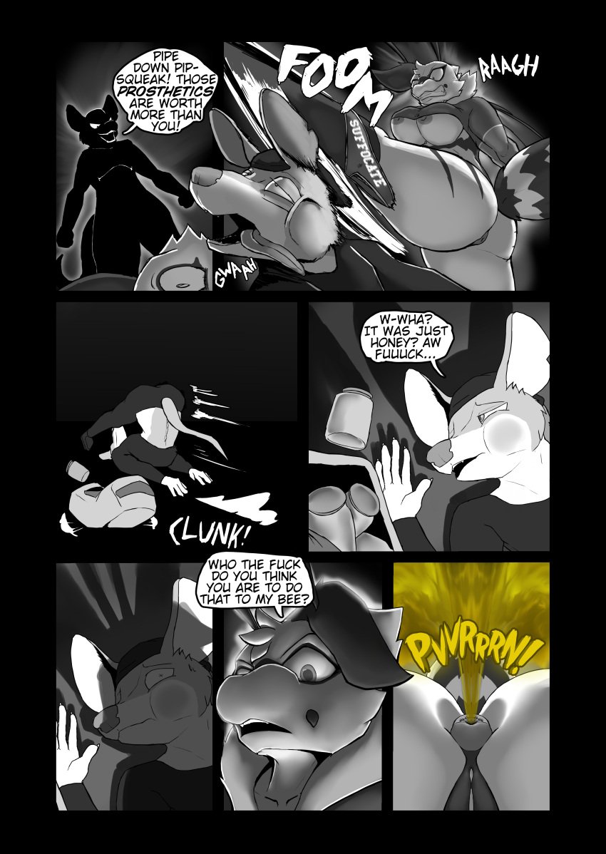 absurd_res american_opossum antennae_(anatomy) anthro anus arthropod ass bag bee black_and_white breasts bruised bruised_cheek bruised_face clothed clothed_anthro clothed_male clothing comic criminal dialogue english_text exhibitionism fart fart_cloud fart_fetish farting_female female female_farting food fully_clothed fully_clothed_anthro fully_clothed_male group heather_(soomir) hectar_(soomir) hi_res honey_(food) honey_jar hymenopteran insects intimidation jumpsuit kick male mammal marsupial monochrome night nipples partially_clothed partially_clothed_anthro partially_clothed_anthro_nude_anthro partially_clothed_anthro_nude_male partially_clothed_female presenting presenting_anus presenting_hindquarters profanity public public_nudity shadow soomir speech_bubble stinger stinger_tail tail text thief tongue tongue_out trio violence virginia_opossum wings