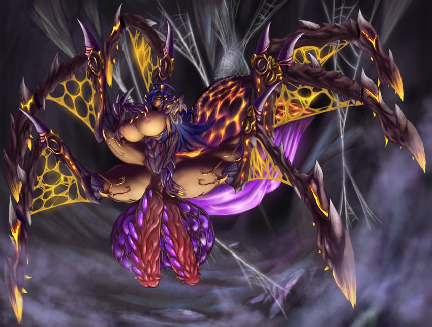 black_sclera claws detailed_background diphallism futa_only futanari glowing glowing_body glowing_eyes hyper_balls hyper_penis large_breasts leoneluran long_hair monster monster_cock monster_girl nipples purple_hair scar scary sole_futa spider_girl spider_web tessa_atelier yellow_eyes
