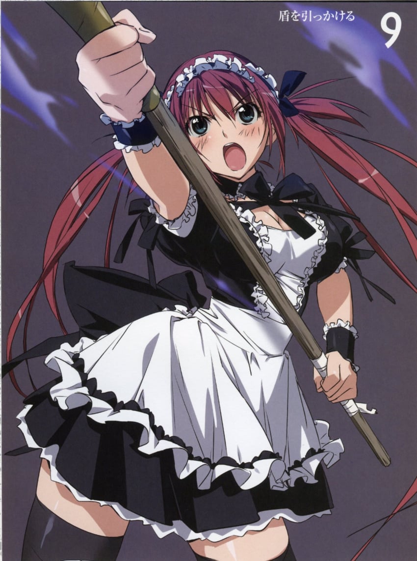 airi highres maid queen's_blade red_hair scan scythe takamura_kazuhiro thighhighs zettai_ryouiki