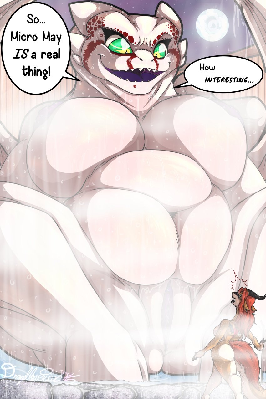 absurd_res alternate_timeline alternate_universe anthro brat breasts colored dialogue dragon drazelle drazelleverse dreamworks duo european_mythology extreme_size_difference female female/female first_person_view fury_(httyd) genitals gothyk hi_res hot_spring how_to_train_your_dragon imminent_vore light_fury long_tail low-angle_view macro micro mythological_creature mythological_scalie mythology pussy scalie size_difference smug smug_face smug_grin steam tail water western_dragon worm's-eye_view