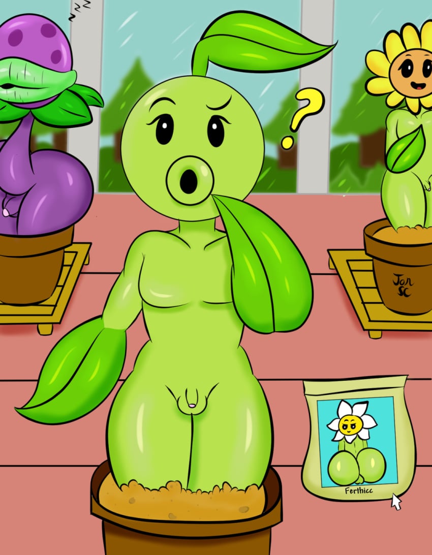3boys ass big_butt electronic_arts elemental_creature elemental_humanoid flora_fauna genitals green_body group hi_res humanoid jonsc leaf leaf_arms male male_only not_furry peashooter_(pvz) penis plant plant_humanoid plants_vs._zombies popcap_games small_penis