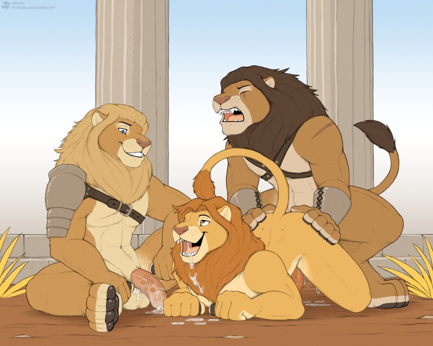 anal anal_sex anthro anthro_on_anthro anthro_penetrated anthro_penetrating anthro_penetrating_anthro armor balls barazoku blonde_mane bodily_fluids brown_mane cum cum_in_mouth cum_inside cum_on_penis erection felid fur genital_fluids genitals group group_sex hi_res jishinu lion male male/male male_penetrated male_penetrating male_penetrating_male mammal mane nude nude_anthro nude_male orange_mane pantherine pauldron penetration penile penile_penetration penis penis_in_ass pillar sex smile tan_body tan_fur teeth threesome tongue trio
