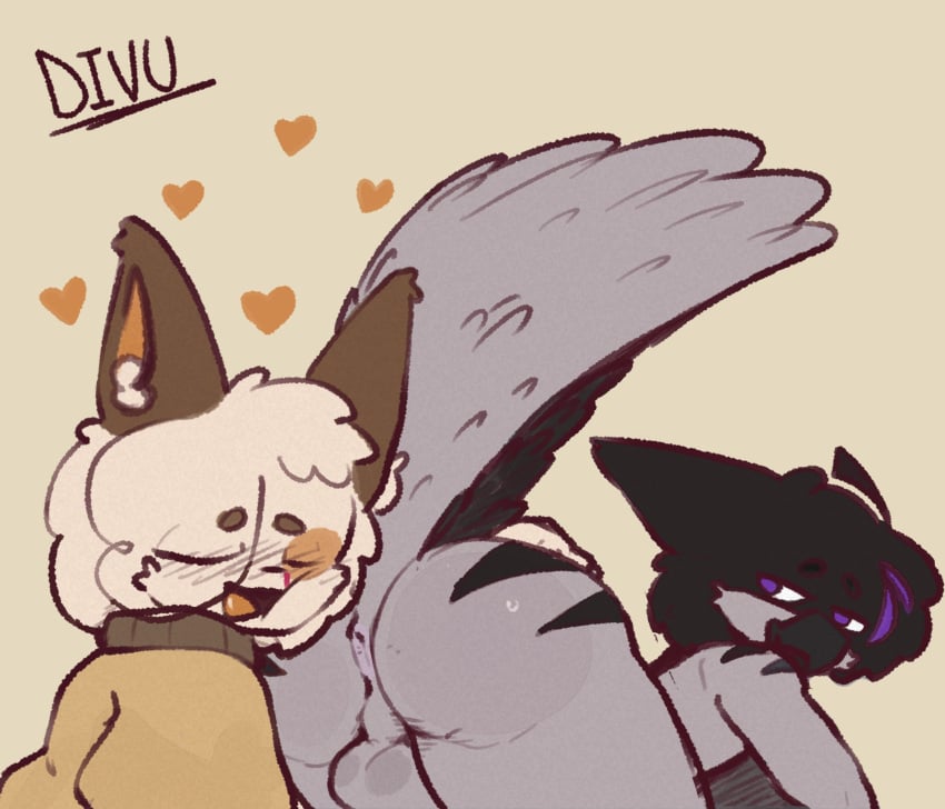 anthro anus avian balls biped bird black_body bodily_fluids closed_eyes divucup domestic_cat duo eyebrows felid feline felis fur genitals grey_body hair heart_symbol hi_res inner_ear_fluff male male_only mammal open_mouth open_smile purple_eyes simple_background smile sweat text tongue tuft white_body white_fur yellow_background